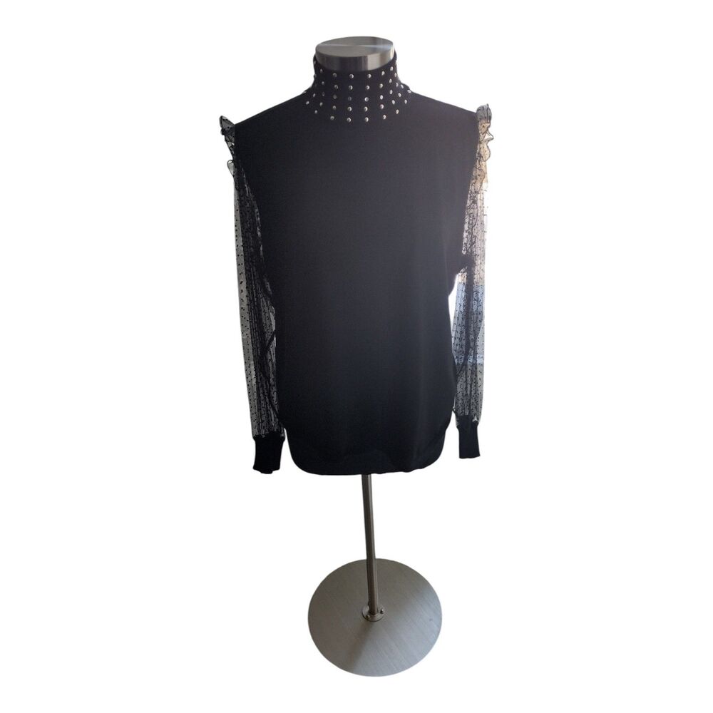 Belldini Women's Embellished Mock Neck Sheer-Sleeve Sweater Black/Gold Size 2X